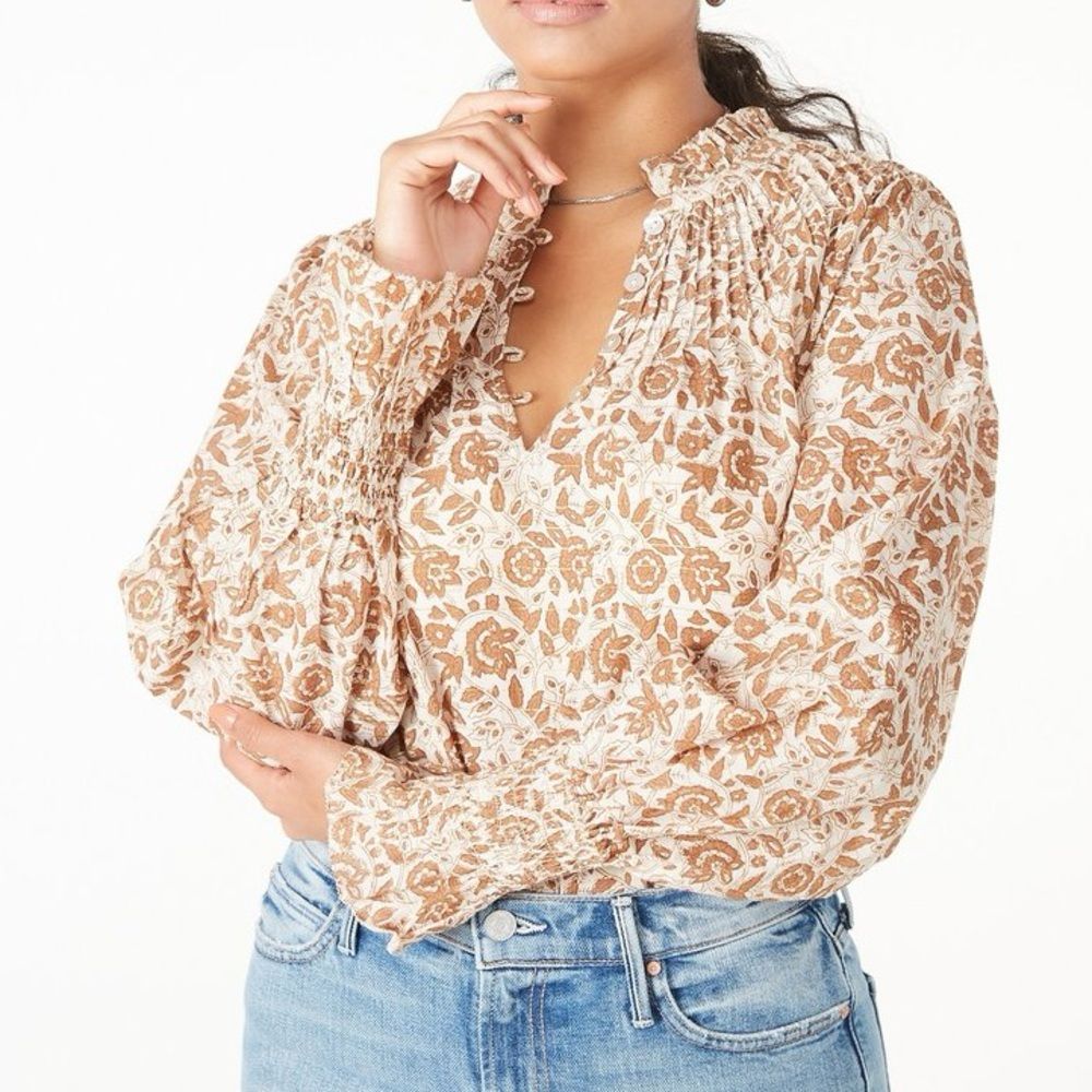 Cleobella X Revolve Brown/ Cream Tamil Block Reza Blouse Size Small